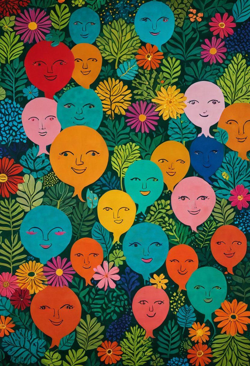 An intricate tapestry composed of diverse faces, each representing different cultures and opinions, beautifully woven together in a vibrant display. Surrounding the tapestry, colorful speech bubbles emerge, showcasing snippets of lively discussions and thoughts. The background features a warm, inviting glow that symbolizes the richness of shared ideas. Include elements of nature like leaves and flowers to represent growth and collaboration. vibrant colors. super-realistic. celebratory atmosphere.