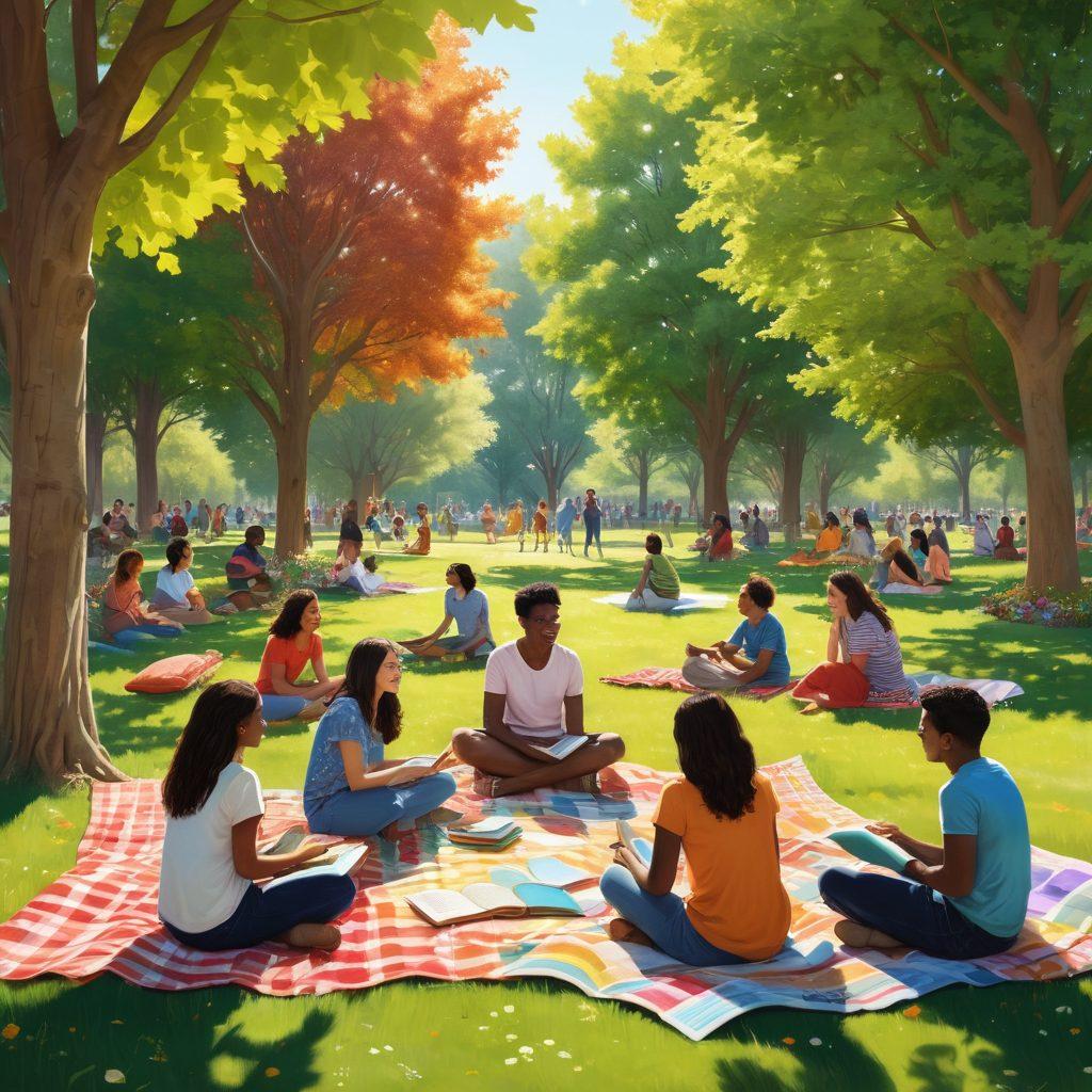 A colorful gathering of diverse individuals sharing stories in a park, showcasing friendship and community spirit. Include elements like picnic blankets, books, and vibrant flowers, with a backdrop of trees and soft sunlight filtering through. Add speech bubbles illustrating lively conversation and interaction. playful illustration style. vibrant colors. 3D.